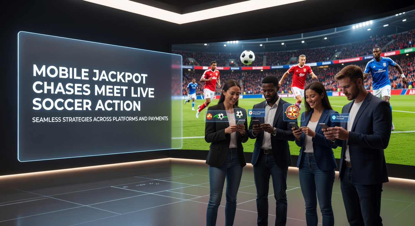 Vielfältige Zahlungsmethoden auf einem Handy-Bildschirm: Apple Pay, Klarna, Krypto-Wallets neben einem Fußballfeld-Hintergrund